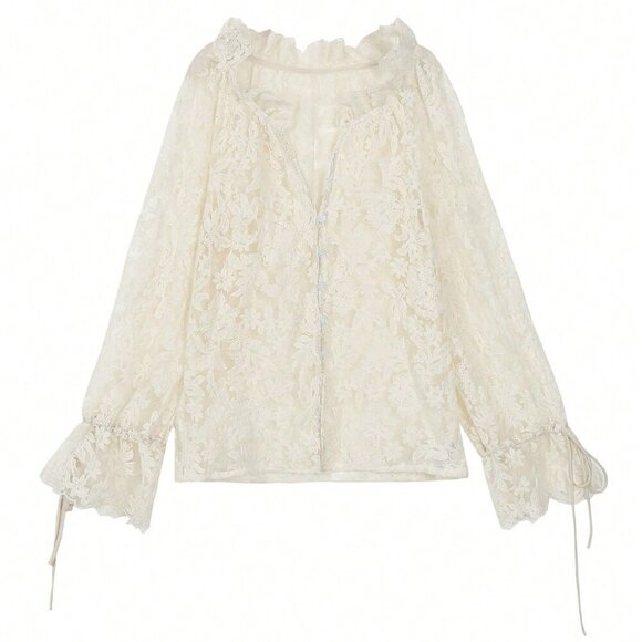 Apricot Casual Women's Elegant  Lace Sheer long sleeve Blouse - Picture 5 of 9